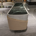 Luxury TV Stand with Dark Marble Top Cream Gloss Frame and Fluted Storage Panels